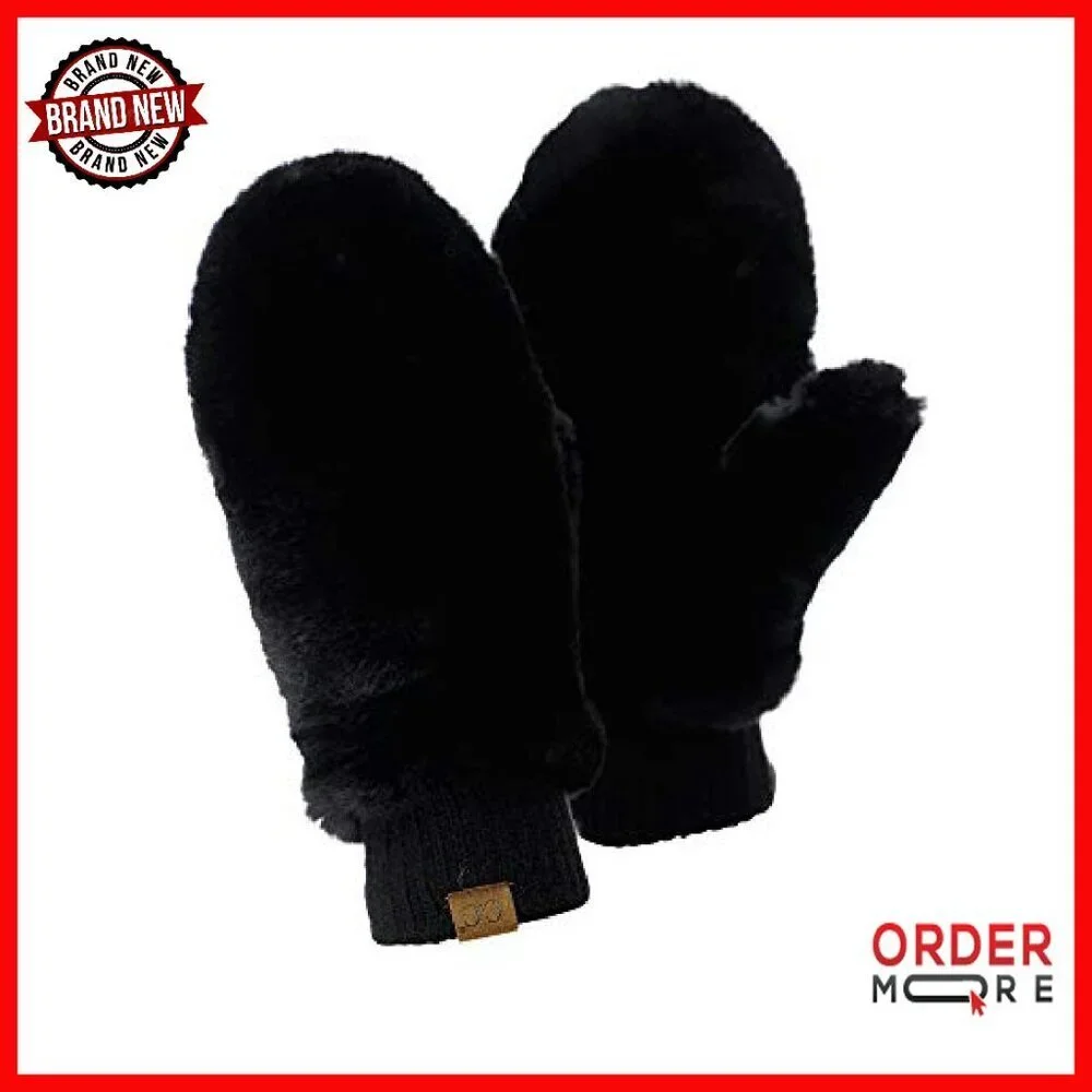 Women's Faux Fur Sherpa Lined Convertible Mittens Gloves Wrist Length